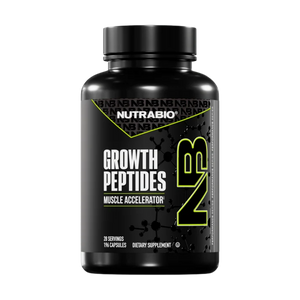 A black bottle of Nutrabio Growth Peptides Muscle Accelerator dietary supplement, featuring a black label with white and neon green text and graphics.