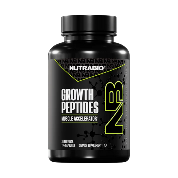 A black bottle of Nutrabio Growth Peptides Muscle Accelerator dietary supplement, featuring a black label with white and neon green text and graphics.