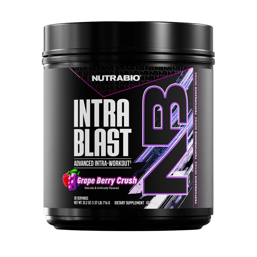 NutraRibo Intra Blast supplement container in the strawberry lemonade flavor on a white background
