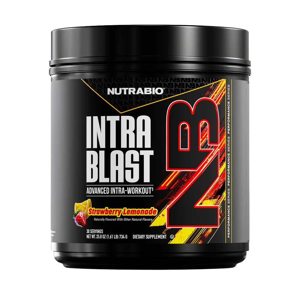 NutraRibo Intra Blast supplement container in the strawberry lemonade flavor on a white background