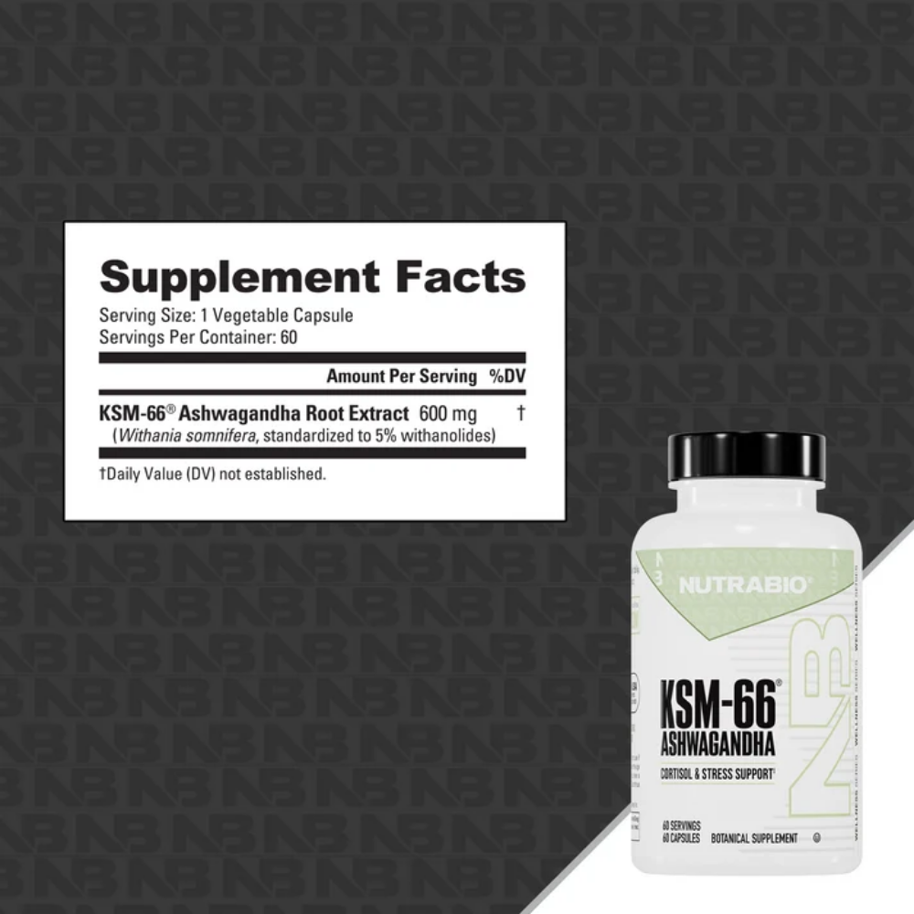 A white bottle of Nutrabio KSM-66 Ashwagandha dietary supplement with a black cap, shown on a plain white background.