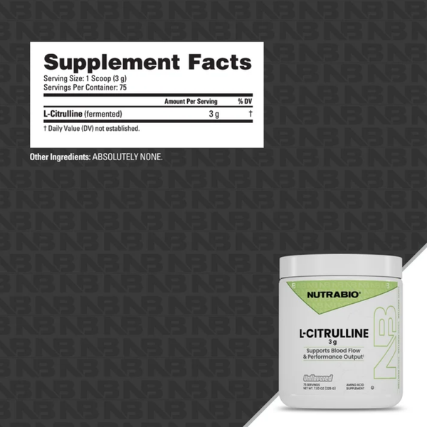A supplement facts panel and a tub of Nutrabio L-Citrulline 2g powder on a dark gray patterned background with a white diagonal section at the bottom right.