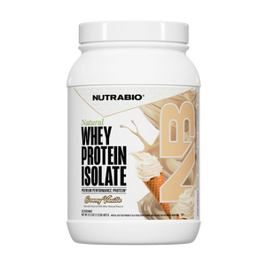 Nutrabio Natural Whey Protein Isolate tub in the Creamy Vanilla flavor on a white background.