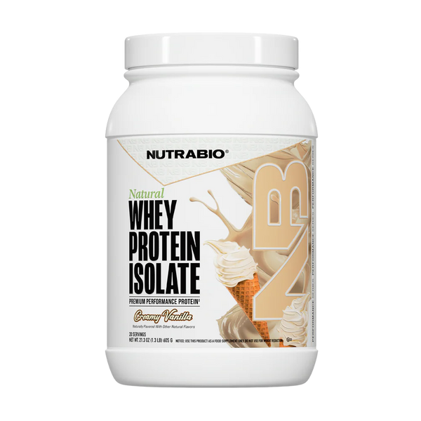 Nutrabio Natural Whey Protein Isolate tub in the Creamy Vanilla flavor on a white background.