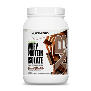 Nutrabio Natural Whey Protein Isolate tub in the Gourmet Chocolate flavor on a white background.