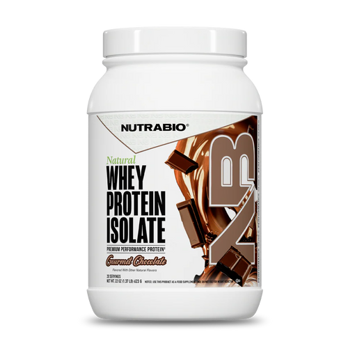 Nutrabio Natural Whey Protein Isolate tub in the Gourmet Chocolate flavor on a white background.