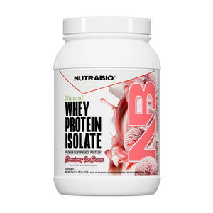 NUTRABIO whey protein isolate container with strawberry ice cream flavor on a white background