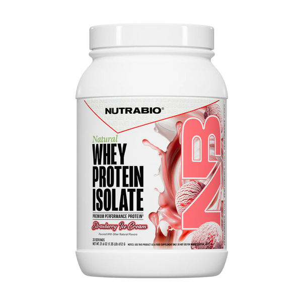 NUTRABIO whey protein isolate container with strawberry ice cream flavor on a white background
