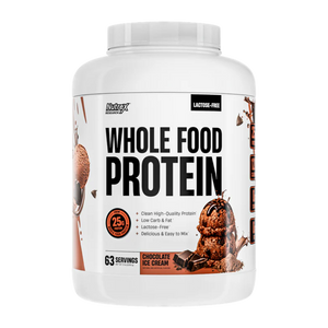 Nutrex Whole Food Protein container on a white background in the chocolate ice cream flavor