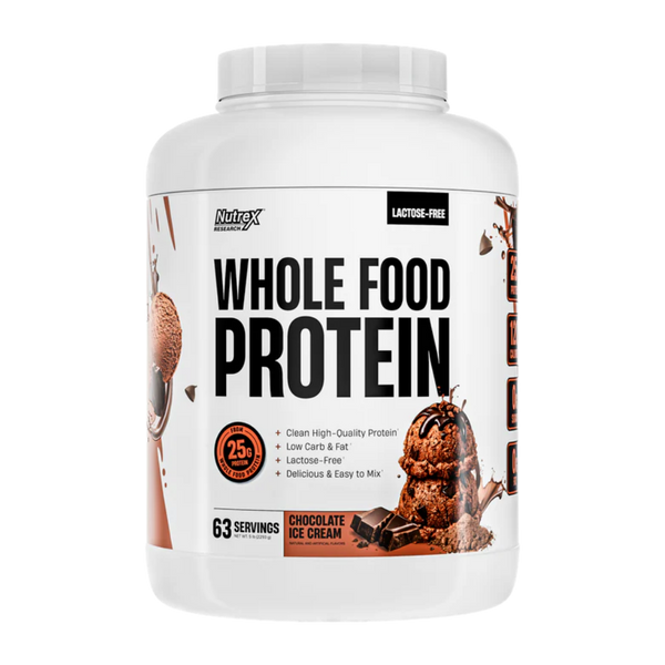 Nutrex Whole Food Protein container on a white background in the chocolate ice cream flavor