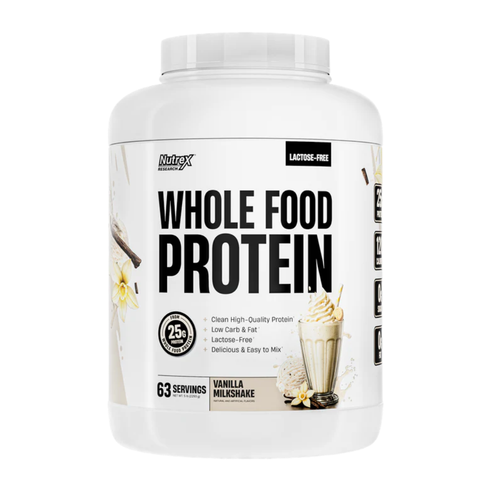 Nutrex Whole Food Protein container on a white background in the chocolate ice cream flavor