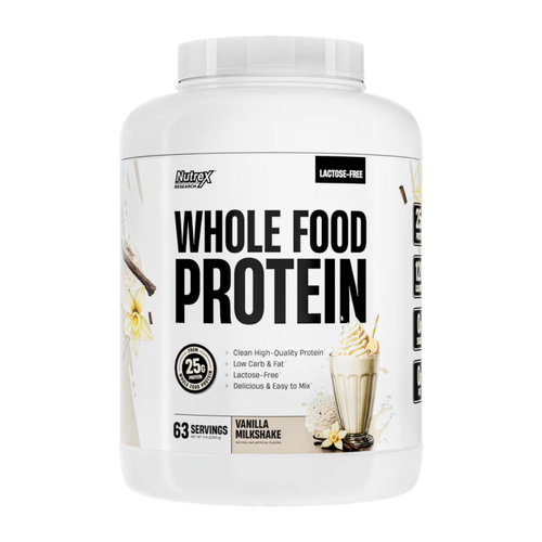 Nutrex Whole Food Protein container on a white background in the vanilla milkshake flavor