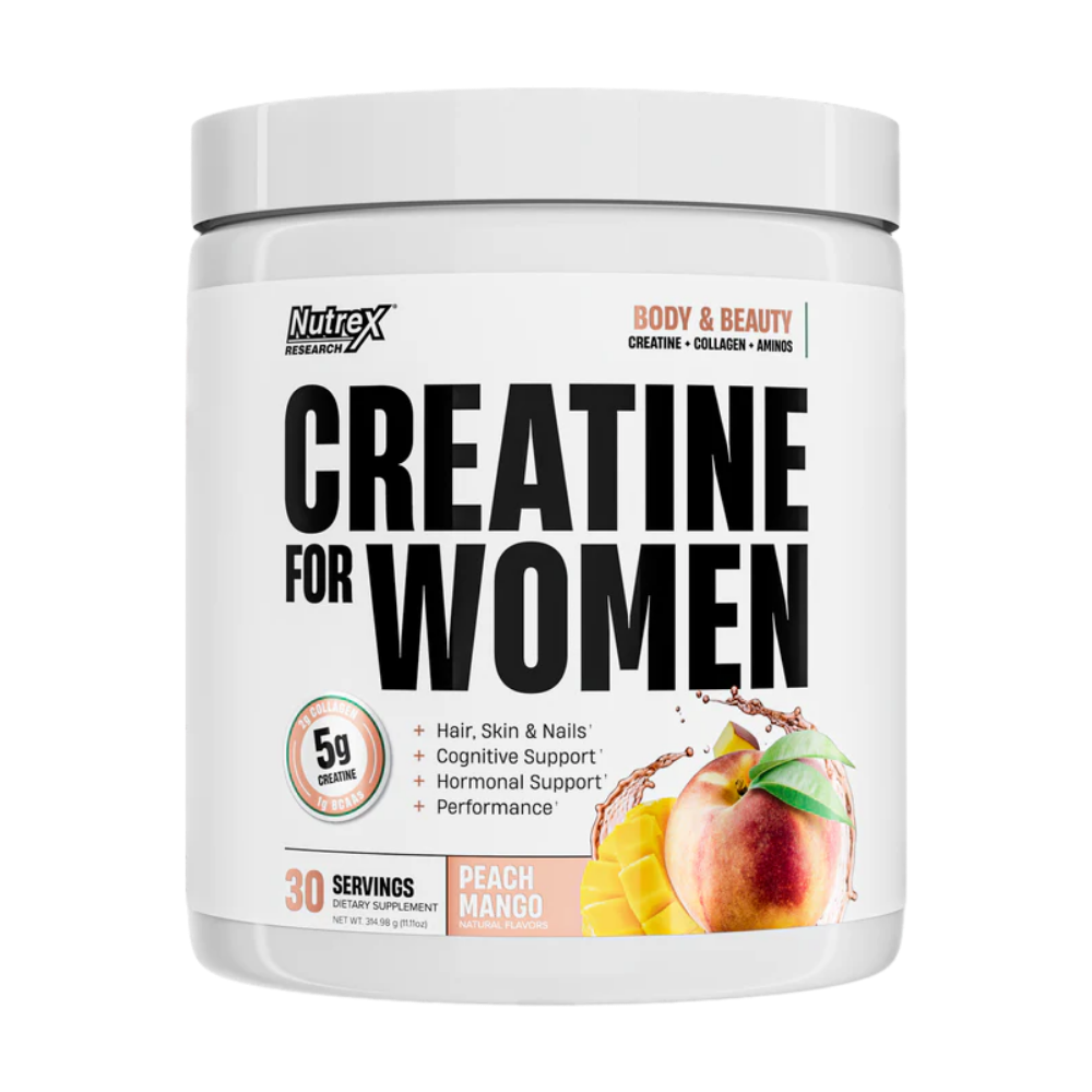 Nutrex Creatine for Women supplement container in the pink lemonade flavor on a white background
