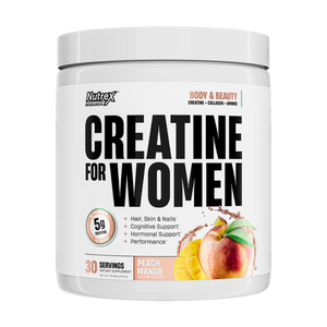 Nutrex Creatine for Women supplement container in the peach mango flavor on a white background