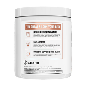 Nutrex creatine for women supplement container in the peach mango flavor with text on a white background