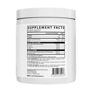 Nutrex creatine for women supplement container in the peach mango flavor with a label displaying 'Supplement Facts' on a white background