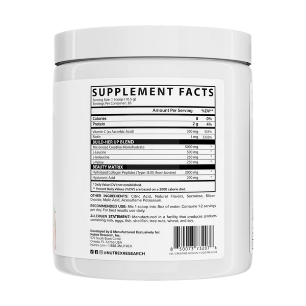 Nutrex creatine for women supplement container in the peach mango flavor with a label displaying 'Supplement Facts' on a white background