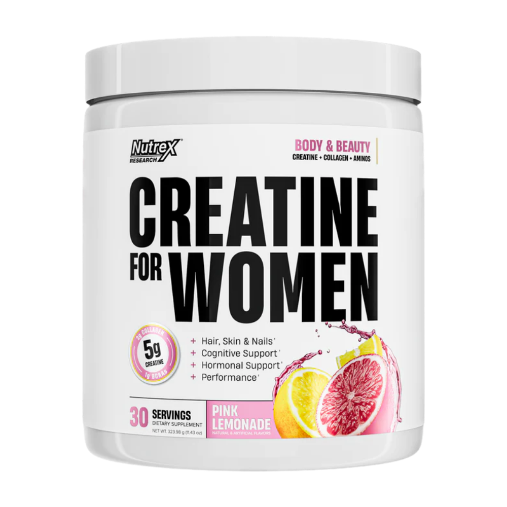 Nutrex Creatine for Women supplement container in the pink lemonade flavor on a white background
