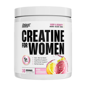 Nutrex Creatine for Women supplement container in the pink lemonade flavor on a white background
