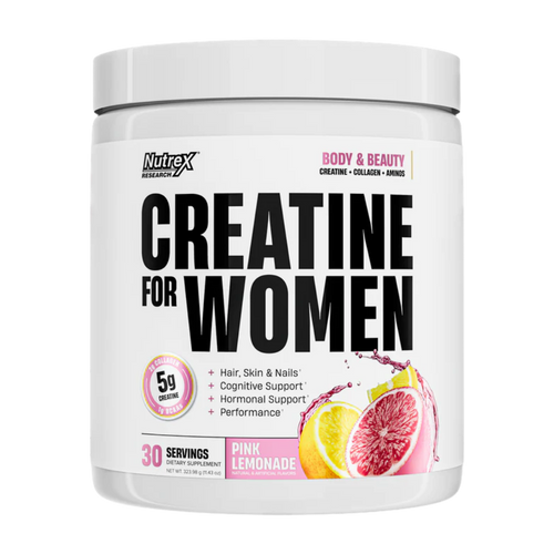 Nutrex Creatine for Women supplement container in the pink lemonade flavor on a white background