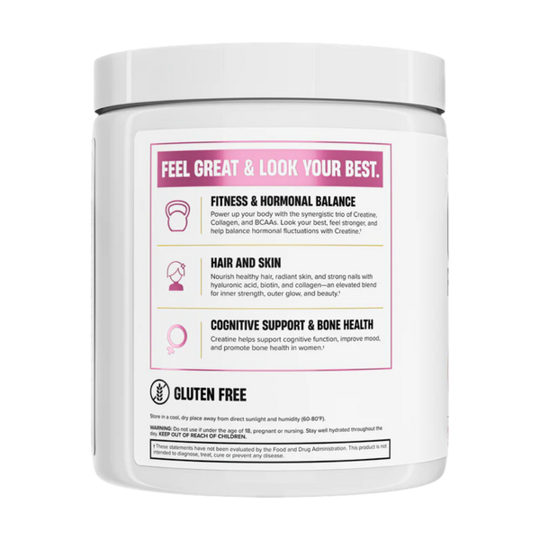 Nutrex creatine for women supplement container in the pink lemonade flavor with label on a white background