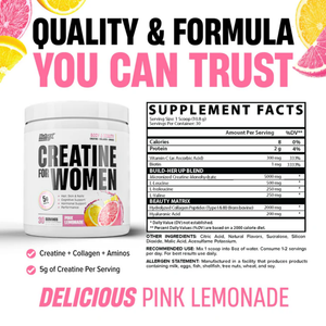Supplement container for creatine for women in the pink lemonade flavor, featuring supplement facts and flavor description.