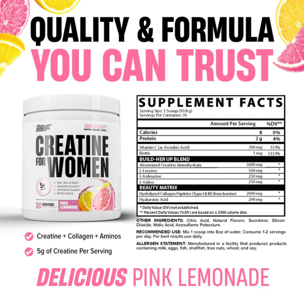 Supplement container for creatine for women in the pink lemonade flavor, featuring supplement facts and flavor description.