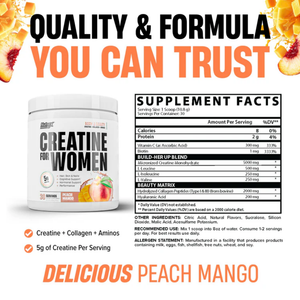 Supplement container for creatine for women in the peach mango flavor, featuring supplement facts and flavor description.