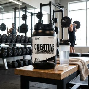 Creatine monohydrate supplement bottle on a wooden table in a gym setting