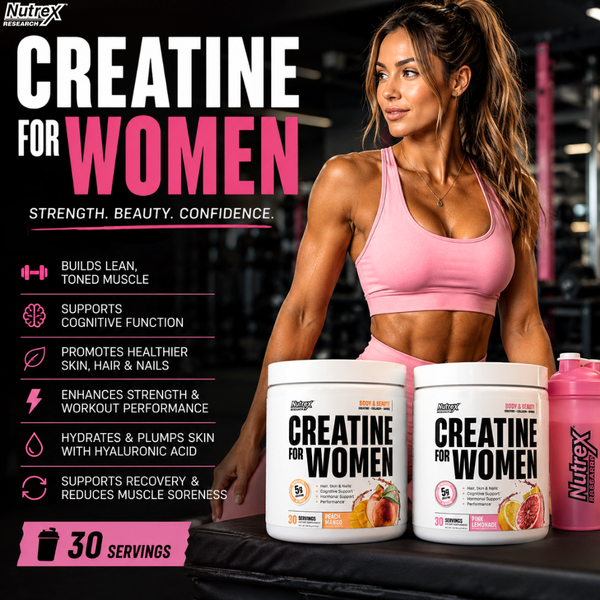 Advertisement for Nutrex Creatine for Women supplement with a woman in a gym setting.