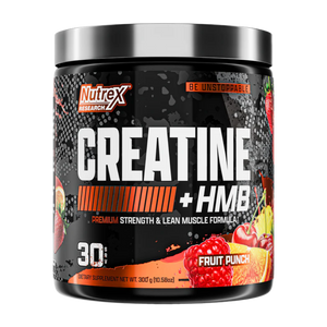 Nutrex Research Creatine + HMB 30 Servings in the Fruit Punch flavor on a white background.