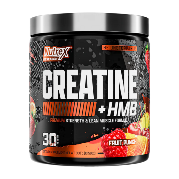 Nutrex Research Creatine + HMB 30 Servings in the Fruit Punch flavor on a white background.