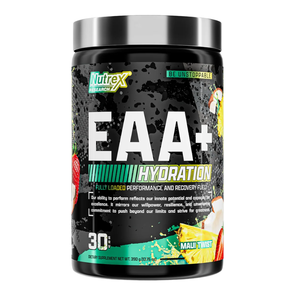 Nutrex Research EAA Hydration 30 Servings in the maui twist flavor on a white background