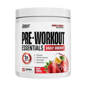 A white plastic tub of Nutrex Research Pre-Workout Essentials Daily Energy in Fruit Punch flavor, featuring a white label with black and red text and fruit illustrations.
