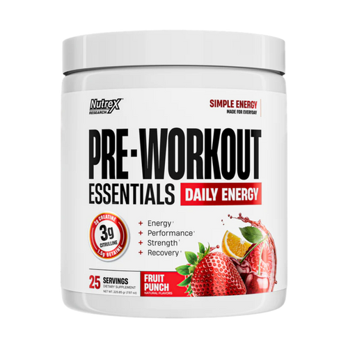 A white plastic tub of Nutrex Research Pre-Workout Essentials Daily Energy in Fruit Punch flavor, featuring a white label with black and red text and fruit illustrations.