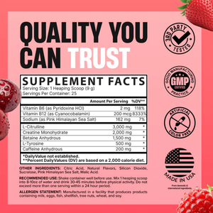 A pink supplement facts label with large black and white text reading 'QUALITY YOU CAN TRUST,' a nutrition facts panel, and several certification logos including 3rd Party Tests, GMP Certified, Artificial Color Free, and Made in USA. Strawberry and berry graphics appear along the left and right edges.