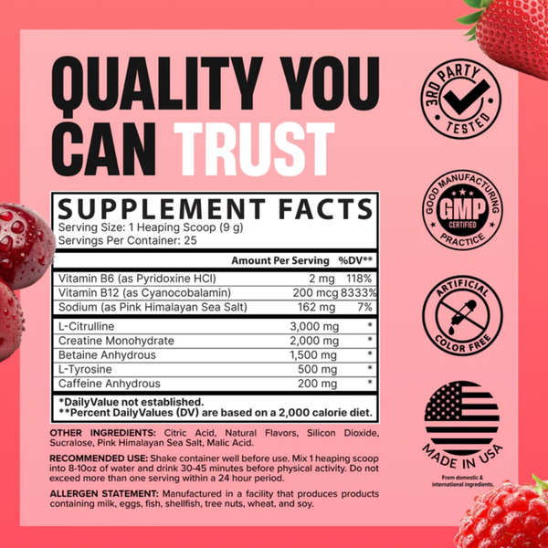 A pink supplement facts label with large black and white text reading 'QUALITY YOU CAN TRUST,' a nutrition facts panel, and several certification logos including 3rd Party Tests, GMP Certified, Artificial Color Free, and Made in USA. Strawberry and berry graphics appear along the left and right edges.
