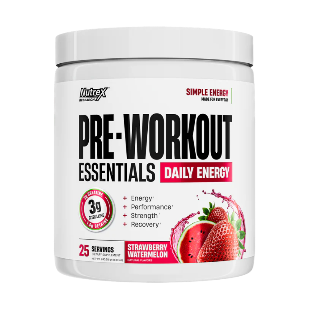 A white plastic tub of Nutrex Research Pre-Workout Essentials Daily Energy in Fruit Punch flavor, featuring a white label with black and red text and fruit illustrations.