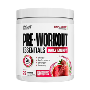 A white plastic tub of Nutrex Research Pre-Workout Essentials Daily Energy in Strawberry Watermelon flavor, featuring a clean white label with black and red text and a strawberry watermelon graphic.