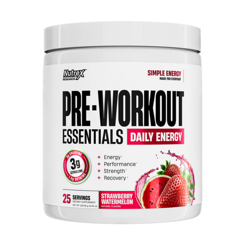 A white plastic tub of Nutrex Research Pre-Workout Essentials Daily Energy in Strawberry Watermelon flavor, featuring a clean white label with black and red text and a strawberry watermelon graphic.