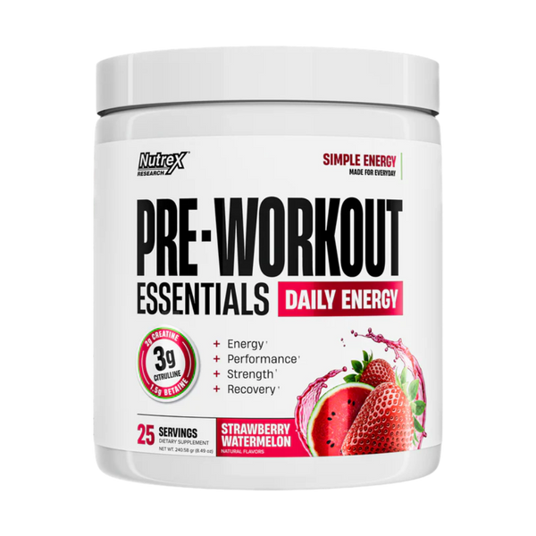 A white plastic tub of Nutrex Research Pre-Workout Essentials Daily Energy in Strawberry Watermelon flavor, featuring a clean white label with black and red text and a strawberry watermelon graphic.