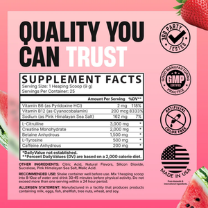 A pink supplement facts label with large black and white text reading 'QUALITY YOU CAN TRUST,' a nutrition facts panel, and several certification logos including 3rd Party Tests, GMP Certified, Artificial Color Free, and Made in USA. Watermelon graphics appear along the left and right edges.