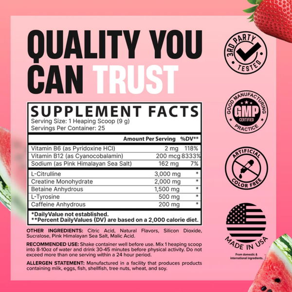 A pink supplement facts label with large black and white text reading 'QUALITY YOU CAN TRUST,' a nutrition facts panel, and several certification logos including 3rd Party Tests, GMP Certified, Artificial Color Free, and Made in USA. Watermelon graphics appear along the left and right edges.