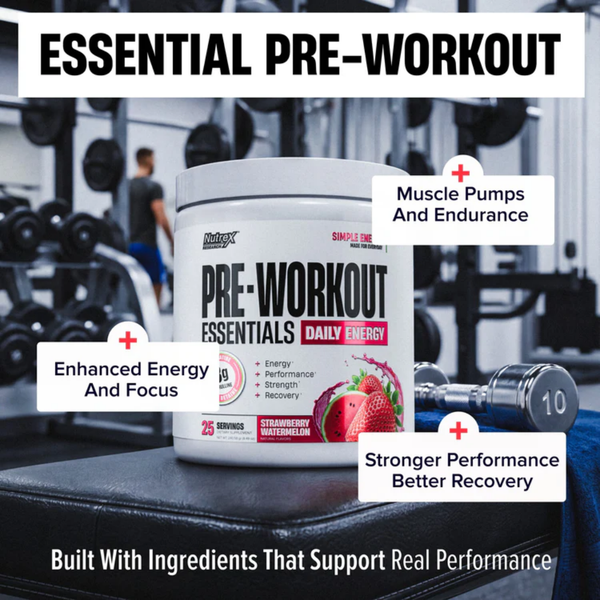 Pre-workout supplement container with gym equipment in the background