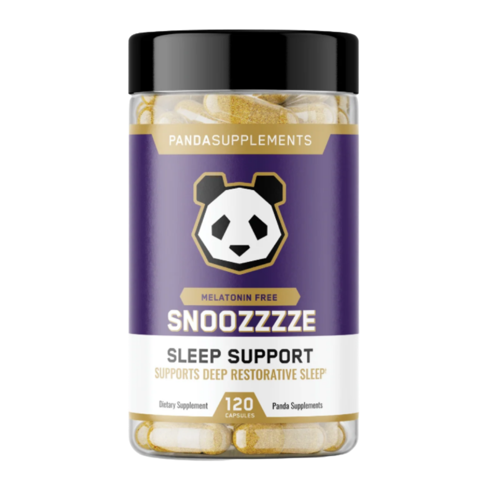 A bottle of Pandasupplements Snozzze Sleep Support dietary supplement capsules, featuring a purple label with a panda logo and a black cap, shown on a white background.