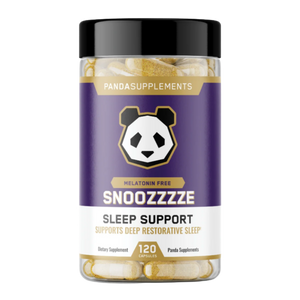 A bottle of Pandasupplements Snozzze Sleep Support dietary supplement capsules, featuring a purple label with a panda logo and a black cap, shown on a white background.
