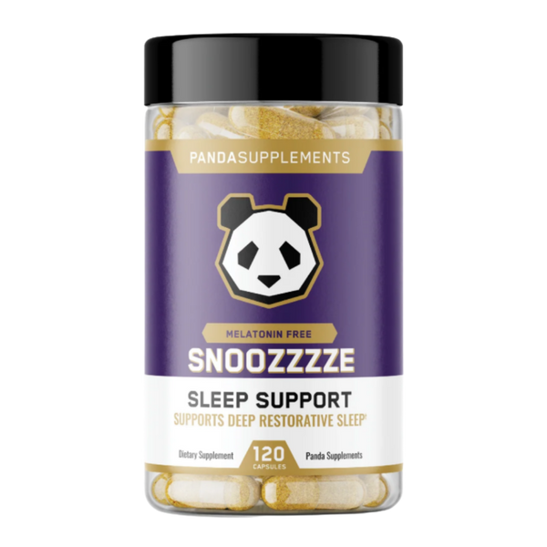 A bottle of Pandasupplements Snozzze Sleep Support dietary supplement capsules, featuring a purple label with a panda logo and a black cap, shown on a white background.