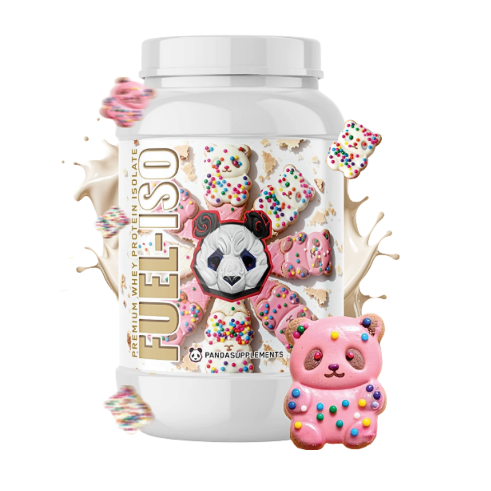 Fuel ISO protein supplement container with panda design and colorful elements on a white background