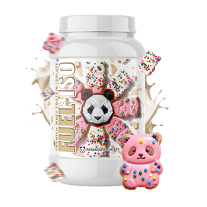 Fuel ISO protein supplement container with panda design and colorful elements on a white background