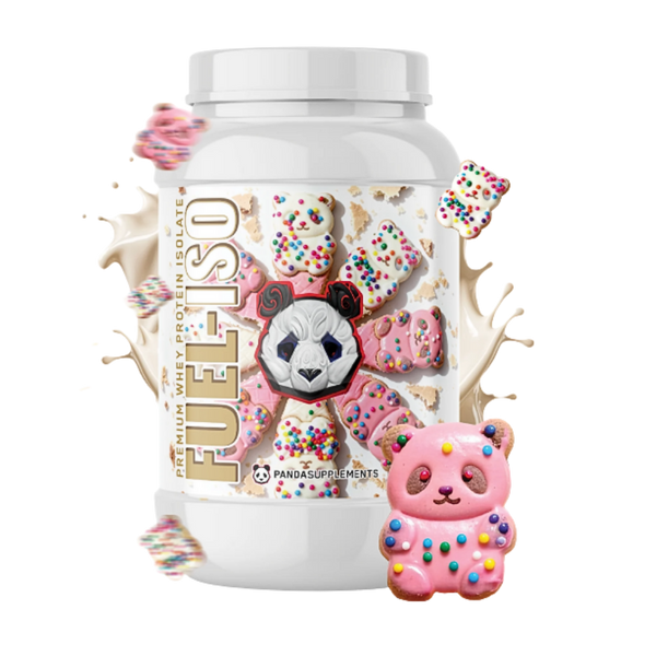 Fuel ISO protein supplement container with panda design and colorful elements on a white background